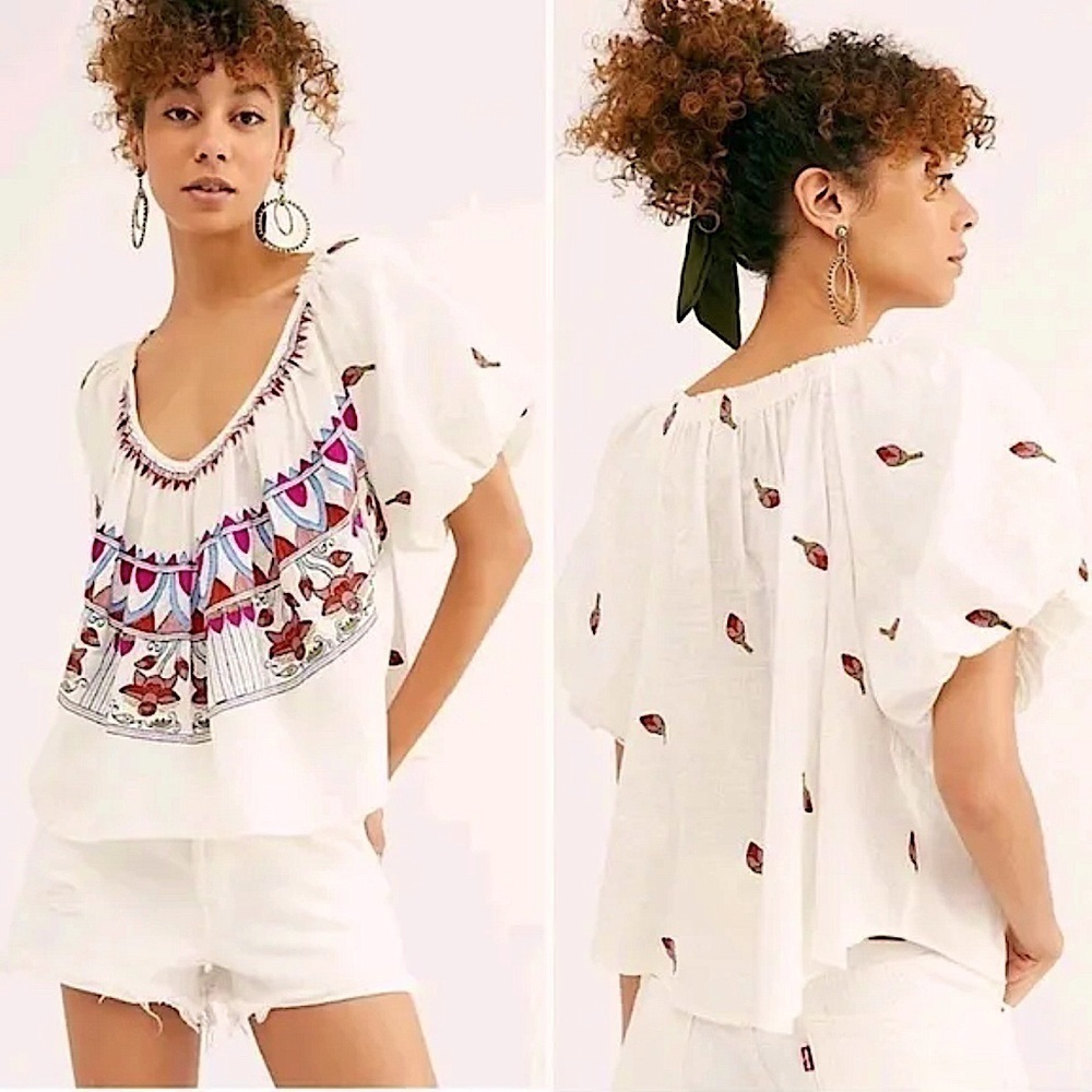 Free People Wind In Her Hair Boho Embroidered Cotton Beachy Peasant Top Sz S